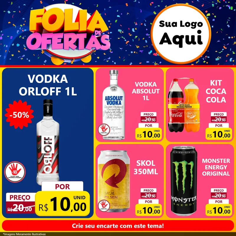 Modelo de Rede Social para Feed Facebook com o tema Folia de Ofertas para Distribuidora de bebidas