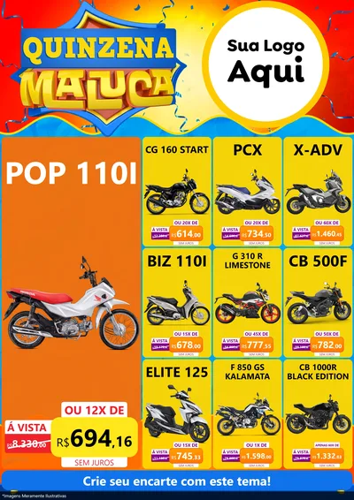 Modelo de Encarte para Encarte A4 Vertical com o tema Quinzena Maluca para Concessionaria de Motos