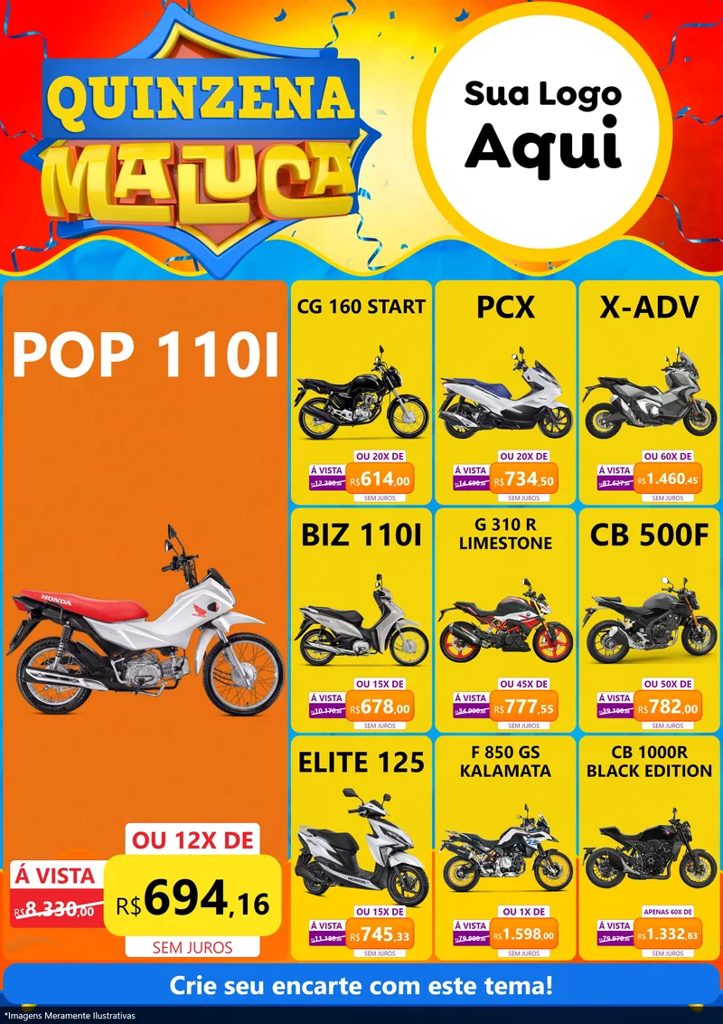 Modelo de Encarte para Encarte A4 Vertical com o tema Quinzena Maluca para Concessionaria de Motos
