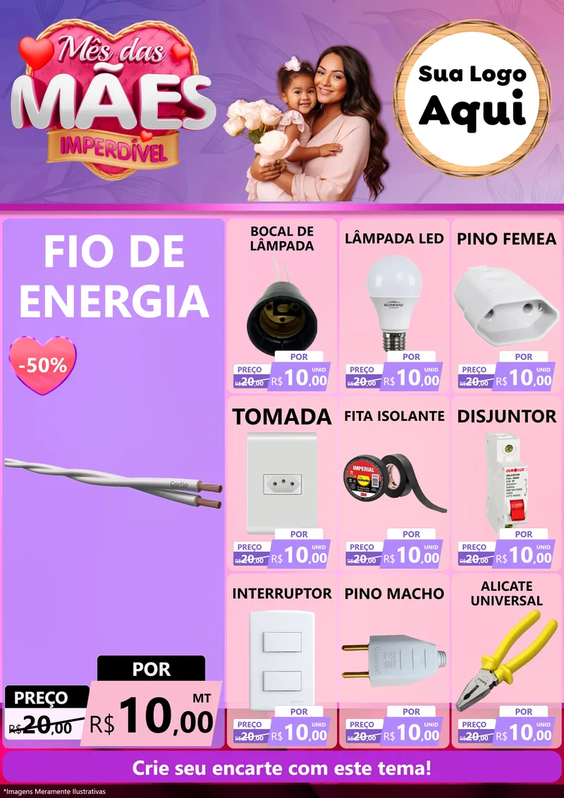 Modelo de Encarte para Encarte A4 Vertical com o tema Mês das Mães Imperdível para Materiais Elétricos