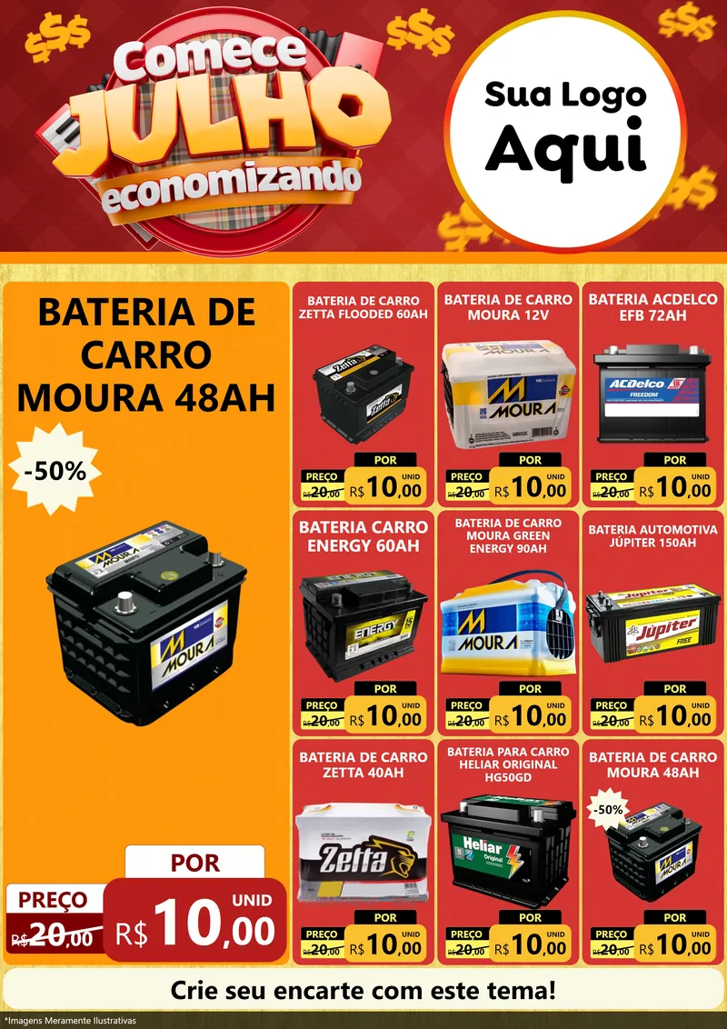 Modelo de Encarte para Encarte A4 Vertical com o tema Comece Julho Economizando para Baterias Elétricas