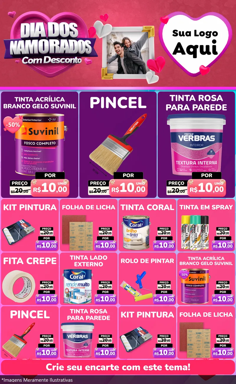 Modelo de Encarte para Encarte Grande com o tema Dia Dos Namorados Com Desconto para Tintas e Ferramentas