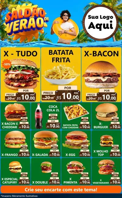 Modelo de Encarte para Encarte Grande com o tema Saldão de Verão para Hamburgueria