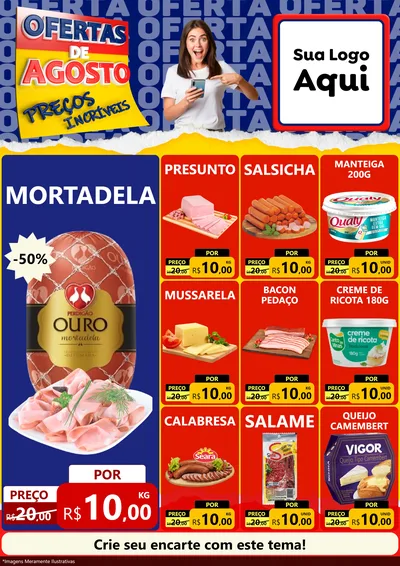 Modelo de Encarte para Encarte A4 Vertical com o tema Ofertas de Agosto - Preços Incríveis para Frios e Laticínios