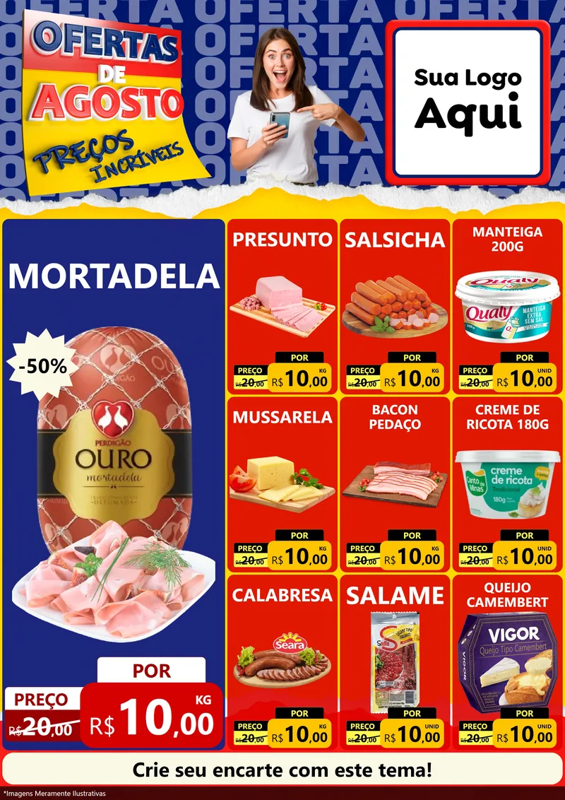 Modelo de Encarte para Encarte A4 Vertical com o tema Ofertas de Agosto - Preços Incríveis para Frios e Laticínios