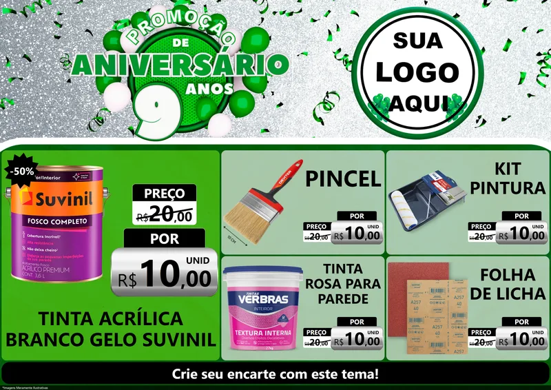 Modelo de Encarte para Encarte A4 Horizontal com o tema Promoção de Aniversário - 9 Anos para Tintas e Ferramentas