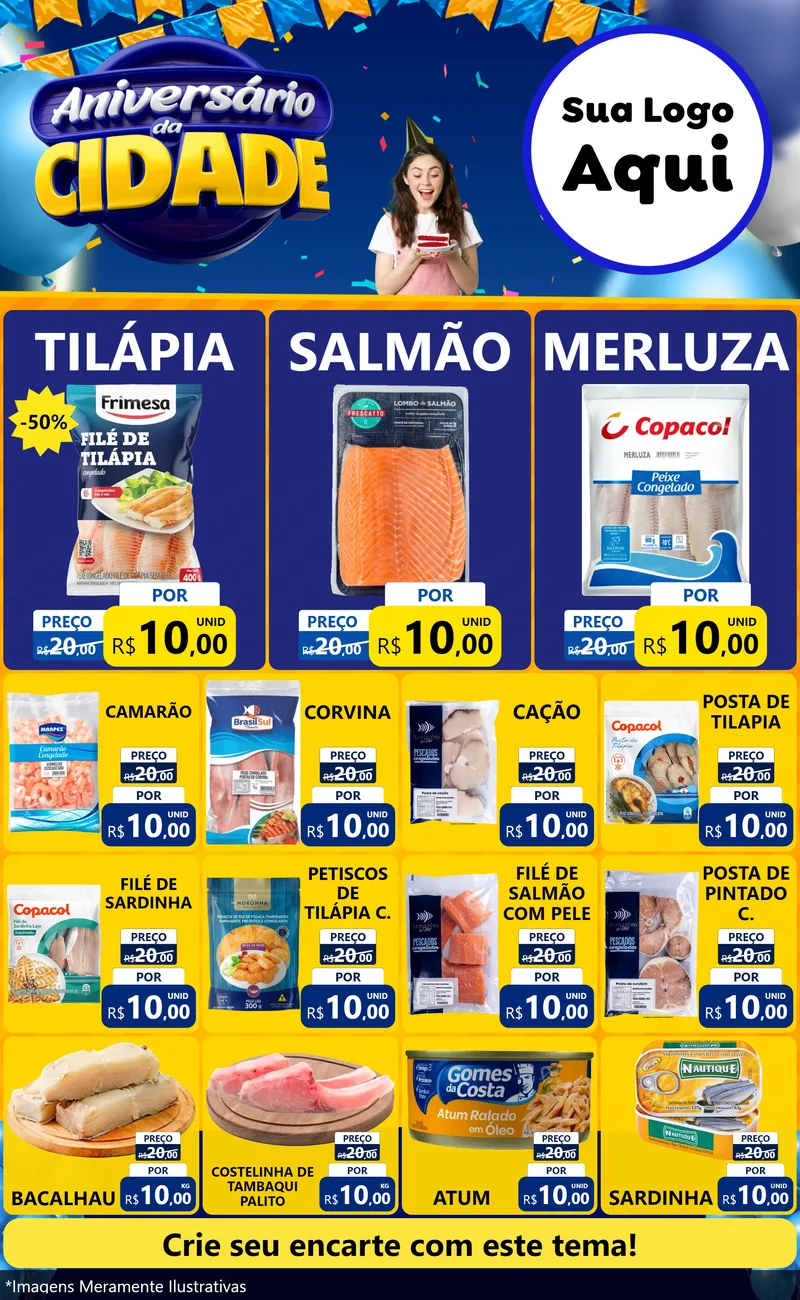 Modelo de Encarte para Encarte Grande com o tema Aniversário da Cidade para Peixaria