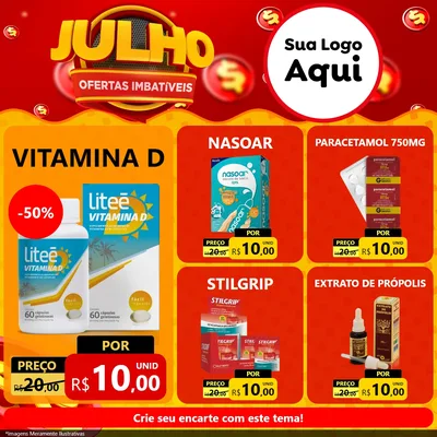 Modelo de Rede Social para Feed Facebook com o tema Julho Ofertas Imbatíveis para Farmácia