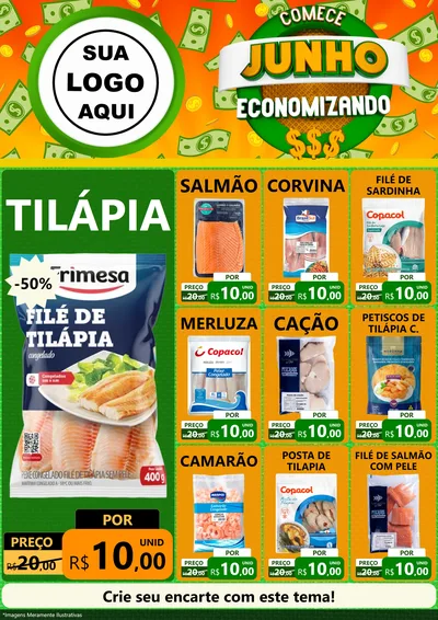 Modelo de Encarte para Encarte A4 Vertical com o tema Comece Junho Economizando para Peixaria
