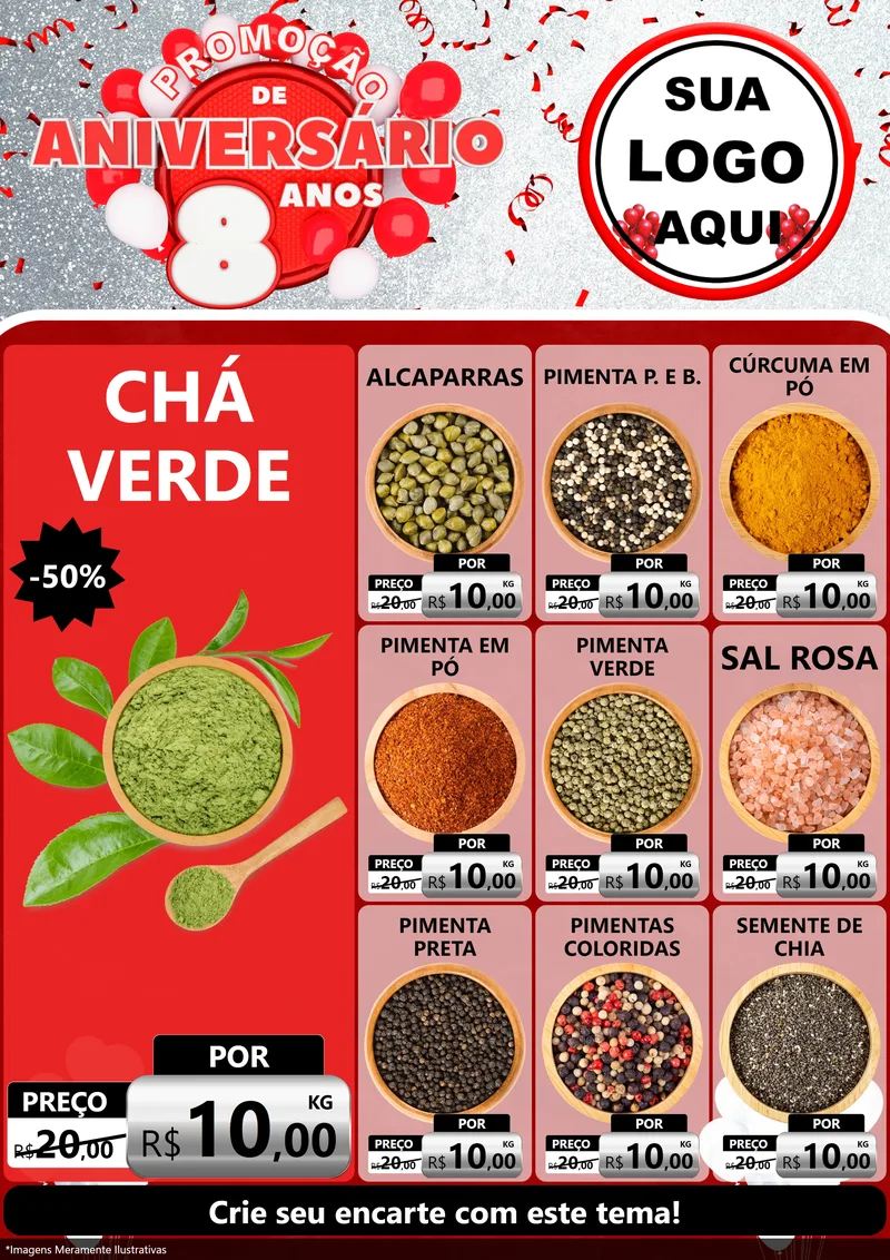Modelo de Encarte para Encarte A4 Vertical com o tema Promoção de Aniversário - 8 Anos para Produtos Naturais