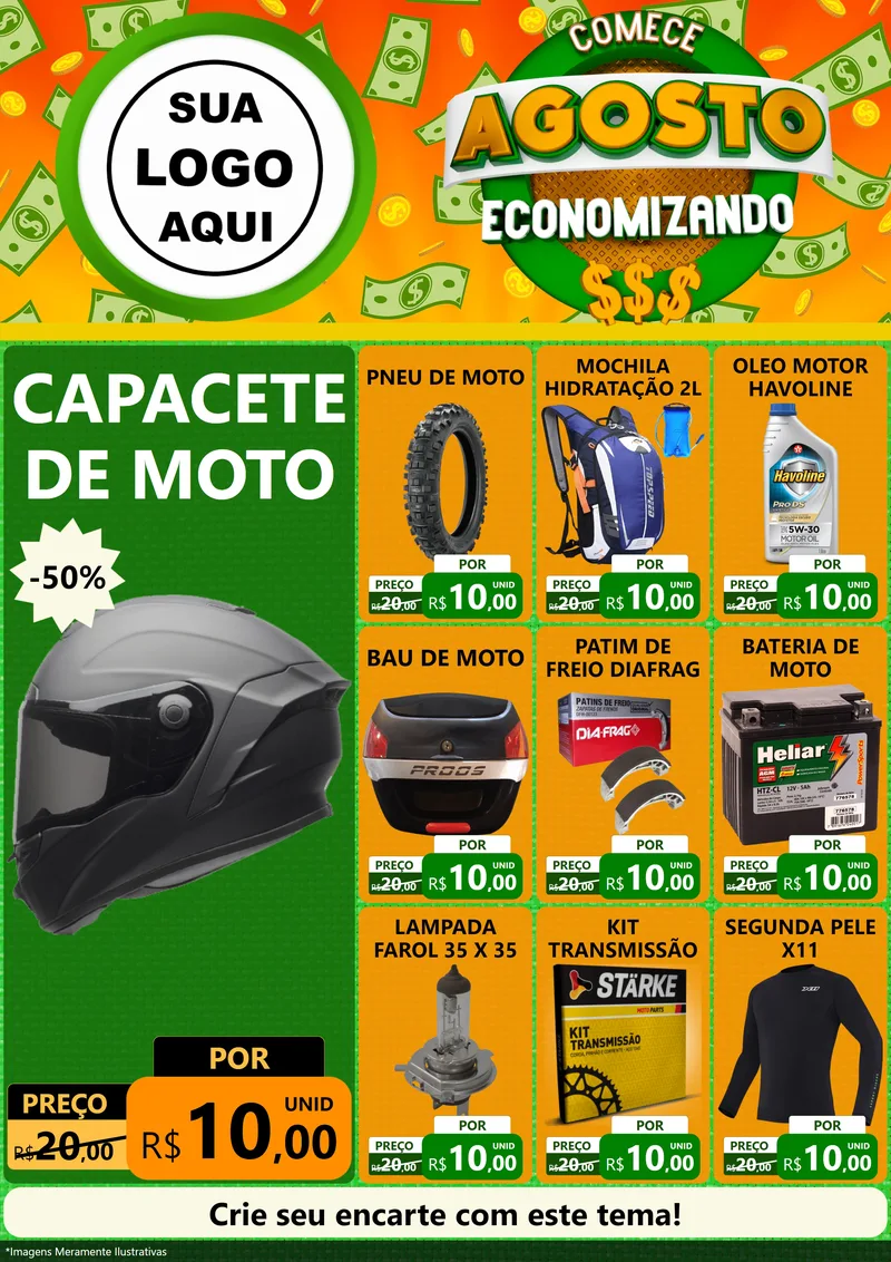 Modelo de Encarte para Encarte A4 Vertical com o tema Comece Agosto Economizando para Moto peças