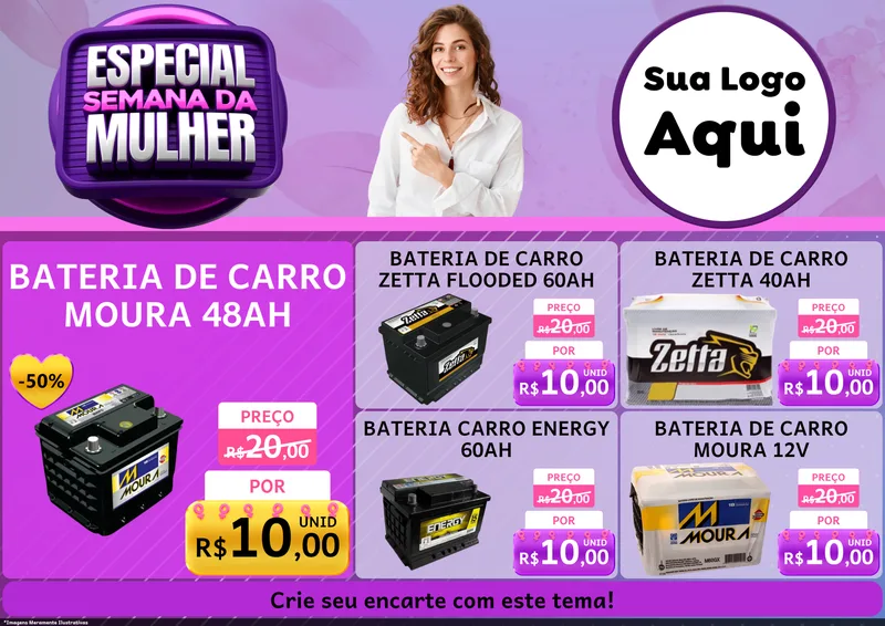 Modelo de Encarte para Encarte A4 Horizontal com o tema Especial Semana da Mulher para Baterias Elétricas