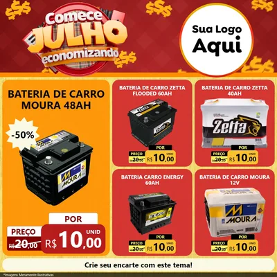 Modelo de Rede Social para Feed Facebook com o tema Comece Julho Economizando para Baterias Elétricas
