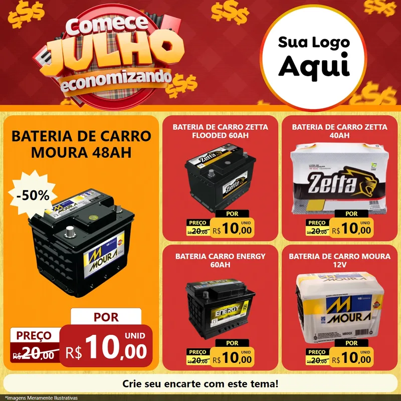 Modelo de Rede Social para Feed Facebook com o tema Comece Julho Economizando para Baterias Elétricas