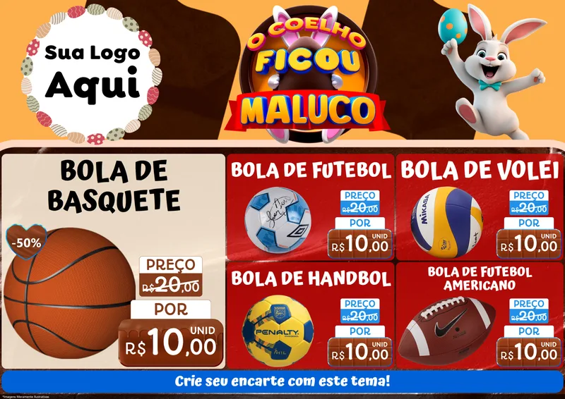 Modelo de Encarte para Encarte A4 Horizontal com o tema O Coelho Ficou Maluco - Páscoa para Artigos Esportivos