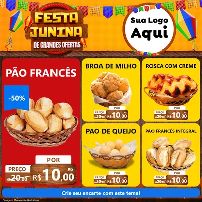 Modelo de Rede Social para Feed Facebook com o tema Festa Junina de Grandes Ofertas para Padaria