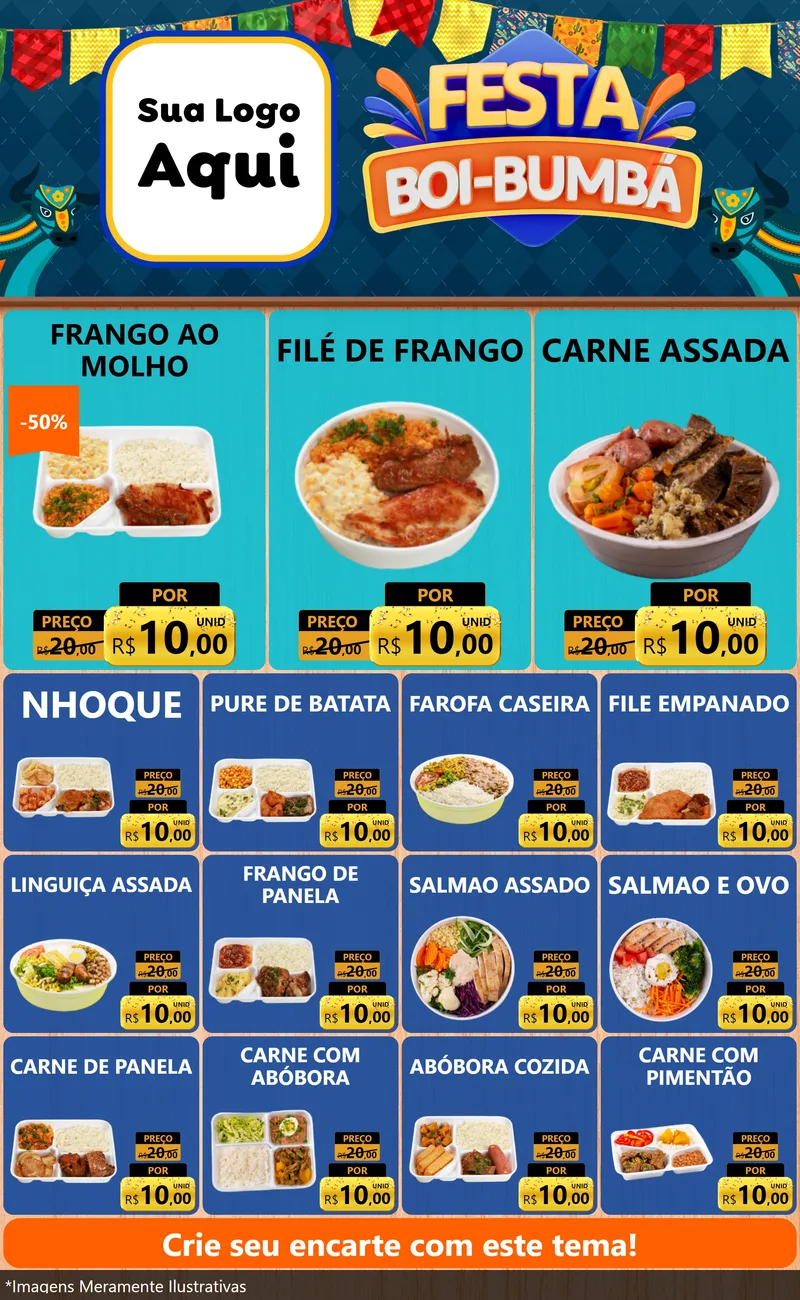 Modelo de Encarte para Encarte Grande com o tema Festa Boi Bumbá para Restaurante
