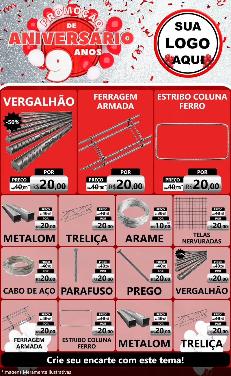Modelo de Encarte para Encarte Grande com o tema Promoção de Aniversário - 9 Anos para Ferragens