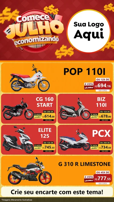 Modelo de TV para TV Vertical com o tema Comece Julho Economizando para Concessionaria de Motos
