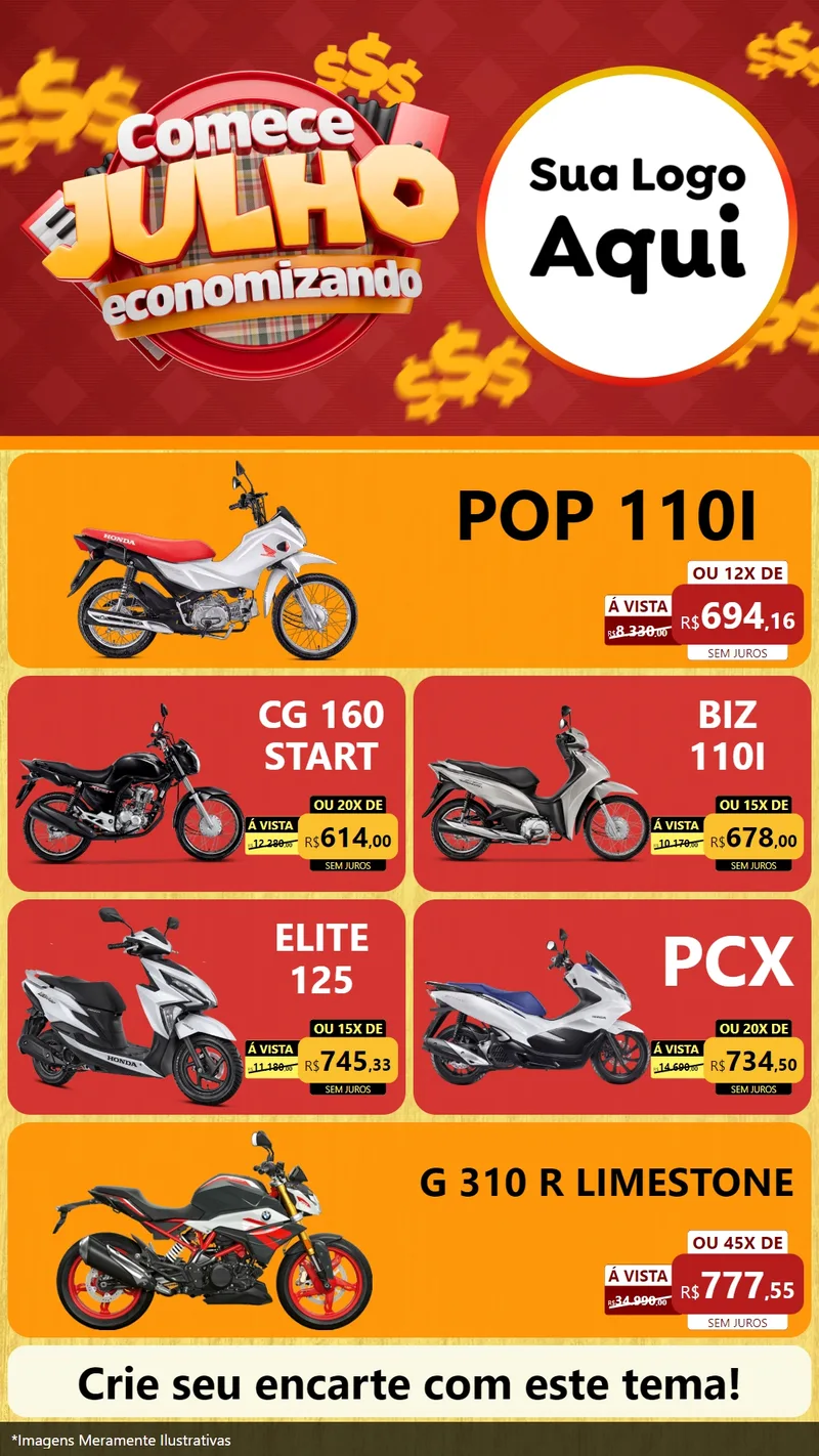 Modelo de TV para TV Vertical com o tema Comece Julho Economizando para Concessionaria de Motos