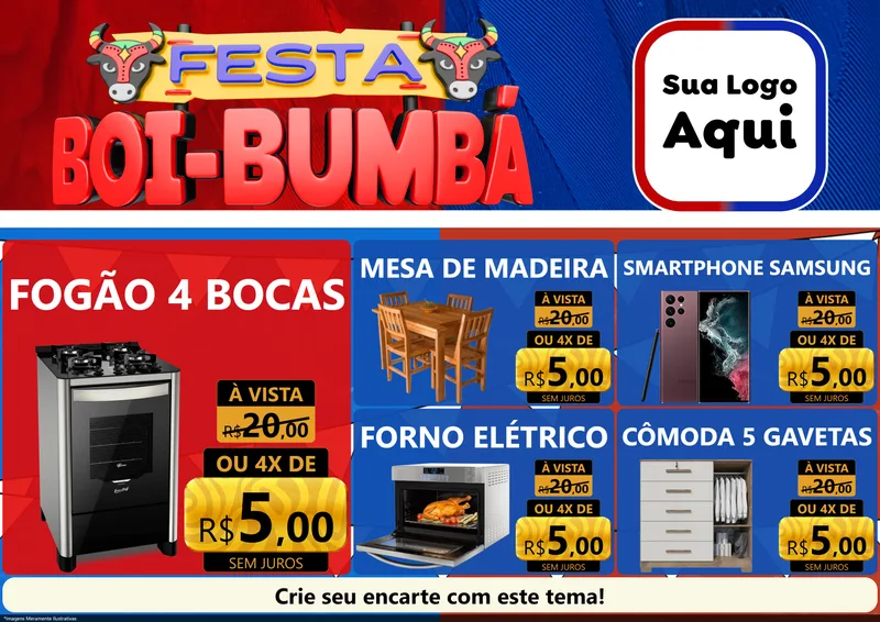 Modelo de Encarte para Encarte A4 Horizontal com o tema Festa Boi Bumbá para Móveis e Eletro