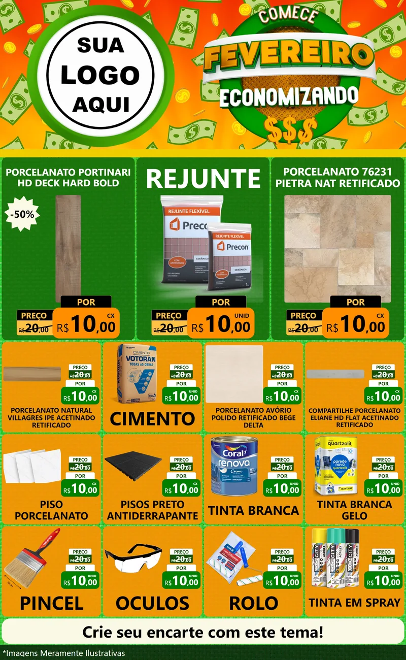 Modelo de Encarte para Encarte Grande com o tema Comece Fevereiro Economizando para Pisos e revestimentos