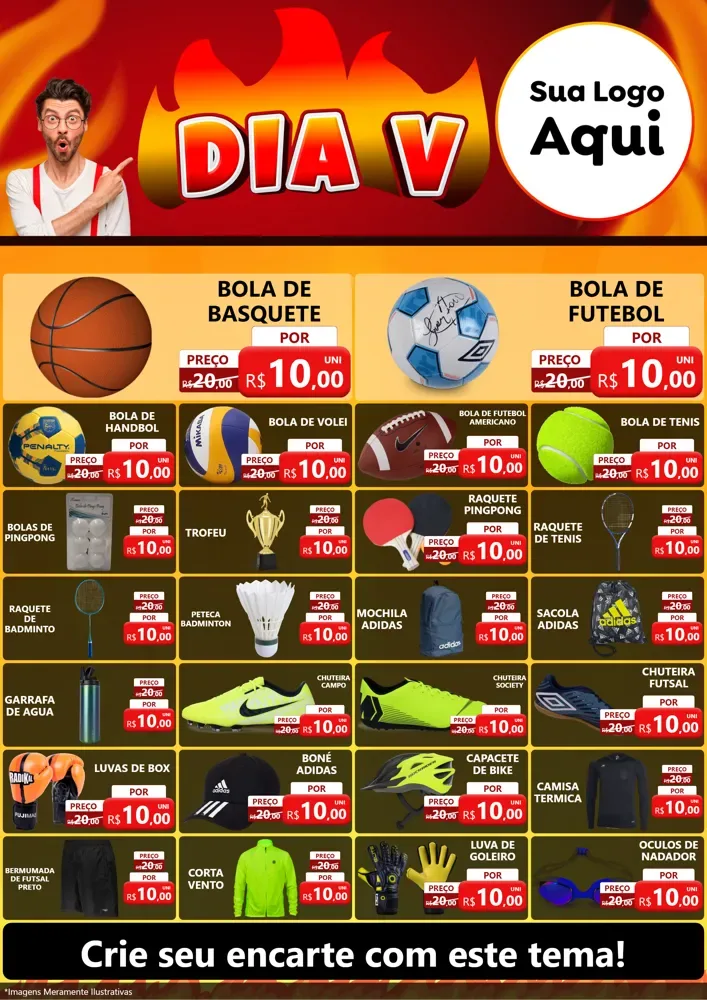 Modelo de Encarte para Encarte A4 Vertical com o tema Dia V para Artigos Esportivos