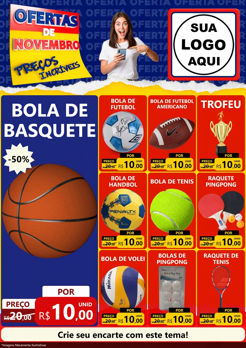 Modelo de Encarte para Encarte A4 Vertical com o tema Ofertas de Novembro - Preços Incríveis para Artigos Esportivos