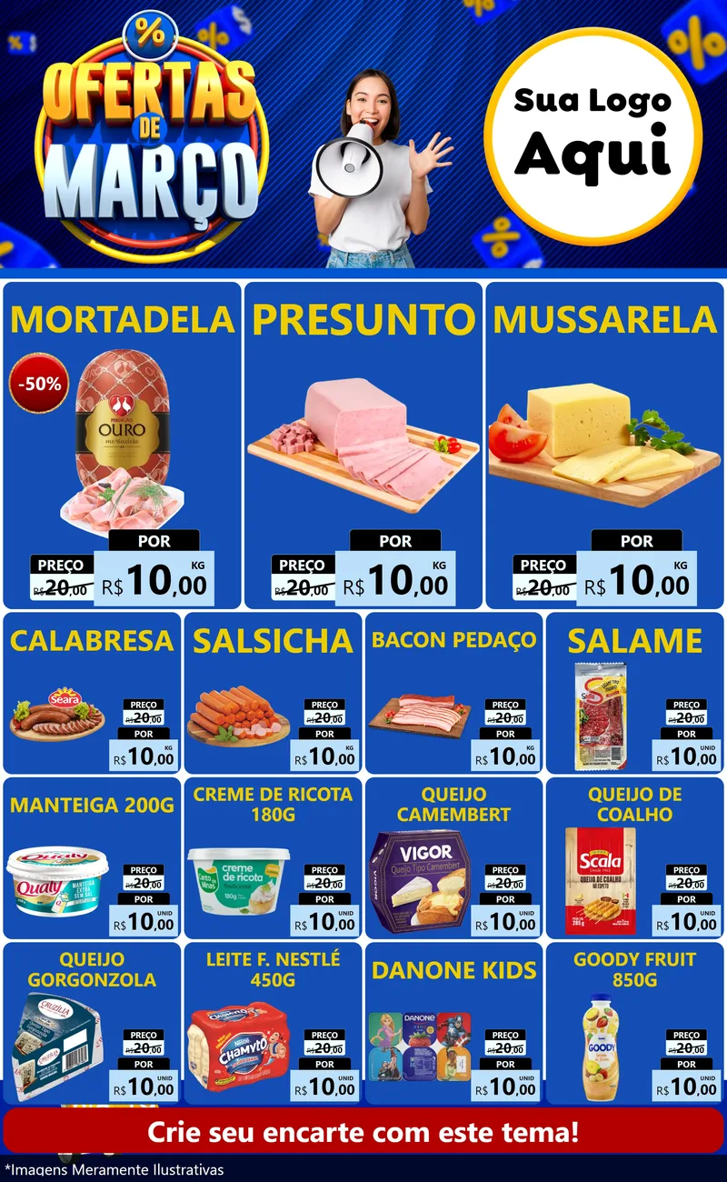 Modelo de Encarte para Encarte Grande com o tema Ofertas de Março para Frios e Laticínios