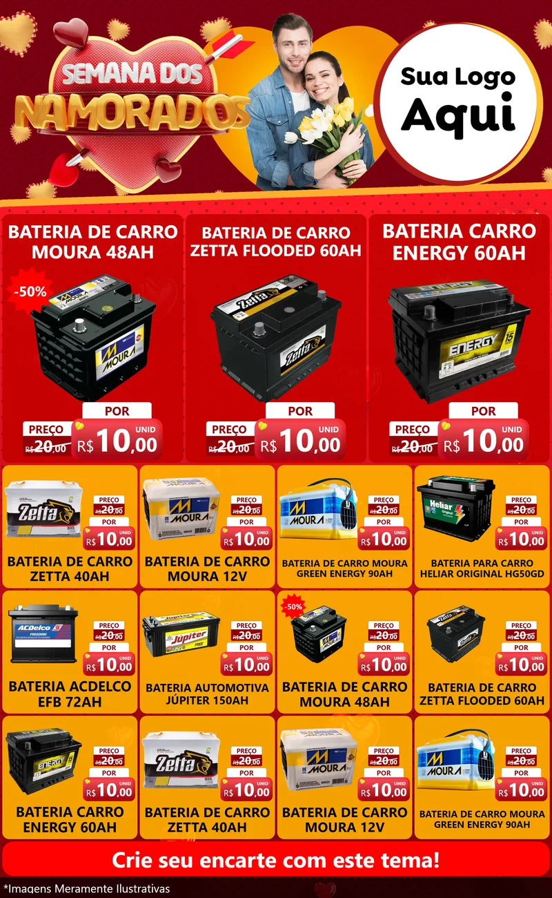 Modelo de Encarte para Encarte Grande com o tema Semana dos Namorados para Baterias Elétricas
