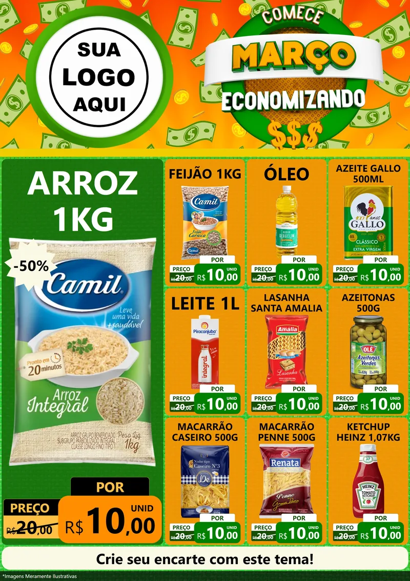 Modelo de Encarte para Encarte A4 Vertical com o tema Comece Março Economizando para Supermercado