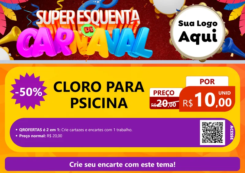 Modelo de Cartaz para Cartaz A4 Horizontal com o tema Super Esquenta de Carnaval para Produtos para Piscina