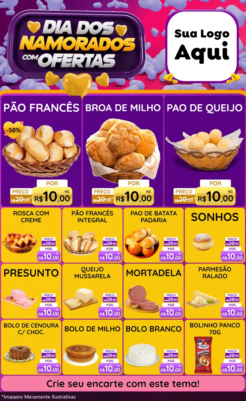 Modelo de Encarte para Encarte Grande com o tema Dia Dos Namorados Com Ofertas para Padaria