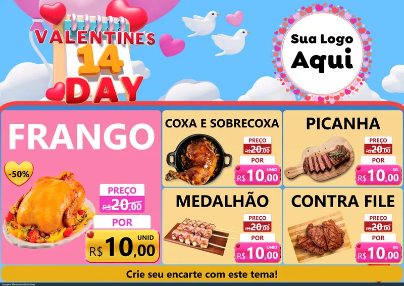 Modelo de Encarte para Encarte A4 Horizontal com o tema Valentine's Day para Assados