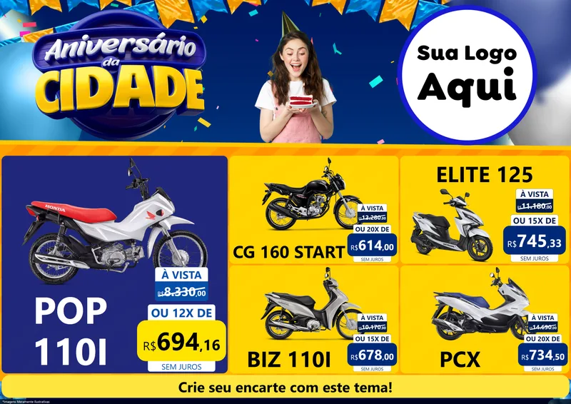 Modelo de Encarte para Encarte A4 Horizontal com o tema Aniversário da Cidade para Concessionaria de Motos