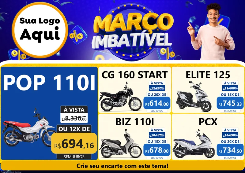 Modelo de Encarte para Encarte A4 Horizontal com o tema Março Imbatível para Concessionaria de Motos