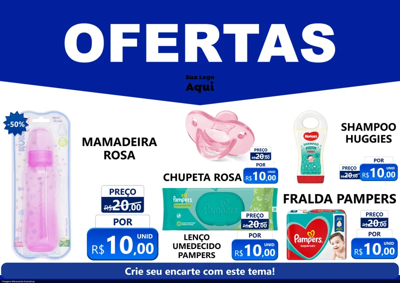 Modelo de Encarte para Encarte A4 Horizontal com o tema Ofertas Azul Cartaz para Bebês