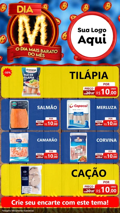 Modelo de TV para TV Vertical com o tema Dia M - O Dia Mais Barato Do Mês para Peixaria