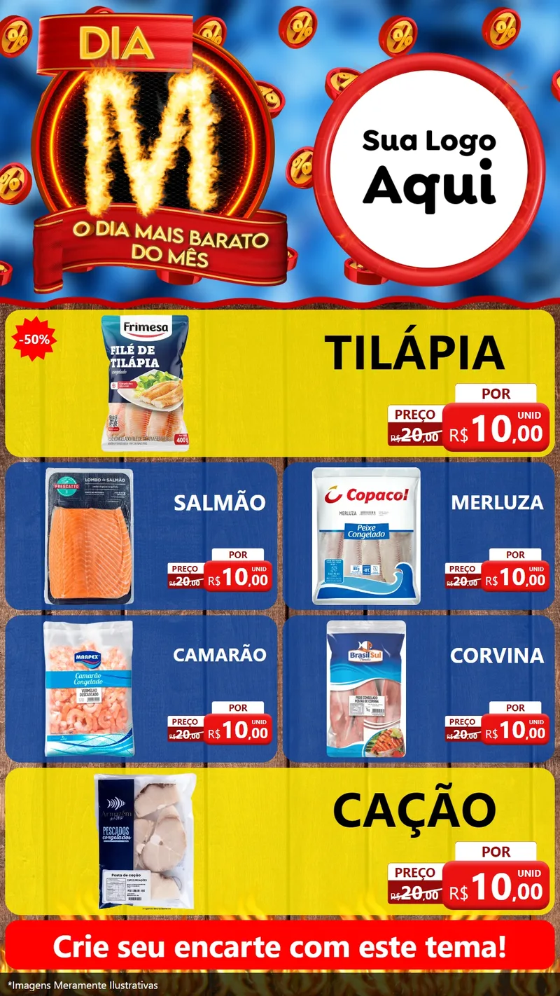 Modelo de TV para TV Vertical com o tema Dia M - O Dia Mais Barato Do Mês para Peixaria
