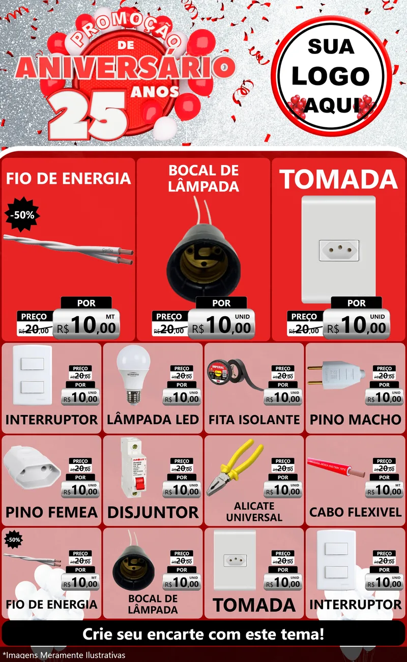 Modelo de Encarte para Encarte Grande com o tema Promoção de Aniversário - 25Anos para Materiais Elétricos