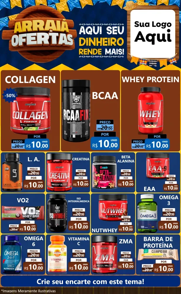 Modelo de Encarte para Encarte Grande com o tema Arraiá de Ofertas - Junina para Suplementos alimentares