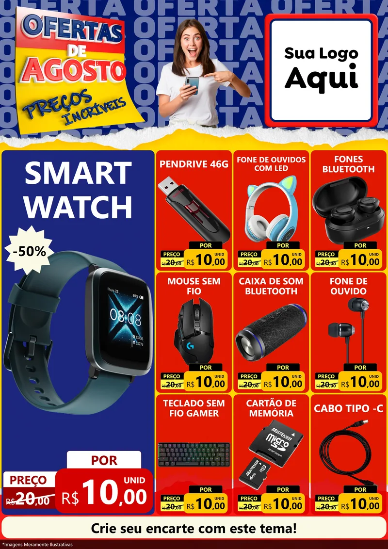 Modelo de Encarte para Encarte A4 Vertical com o tema Ofertas de Agosto - Preços Incríveis para Informática