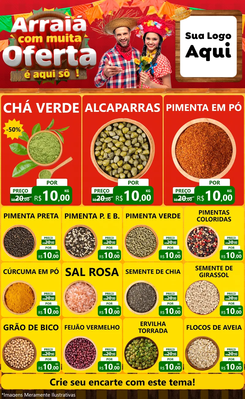 Modelo de Encarte para Encarte Grande com o tema Arraiá Com Muita Oferta - É Aqui Sô! para Produtos Naturais