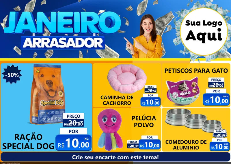 Modelo de Encarte para Encarte A4 Horizontal com o tema Janeiro Arrasador para Pet Shop