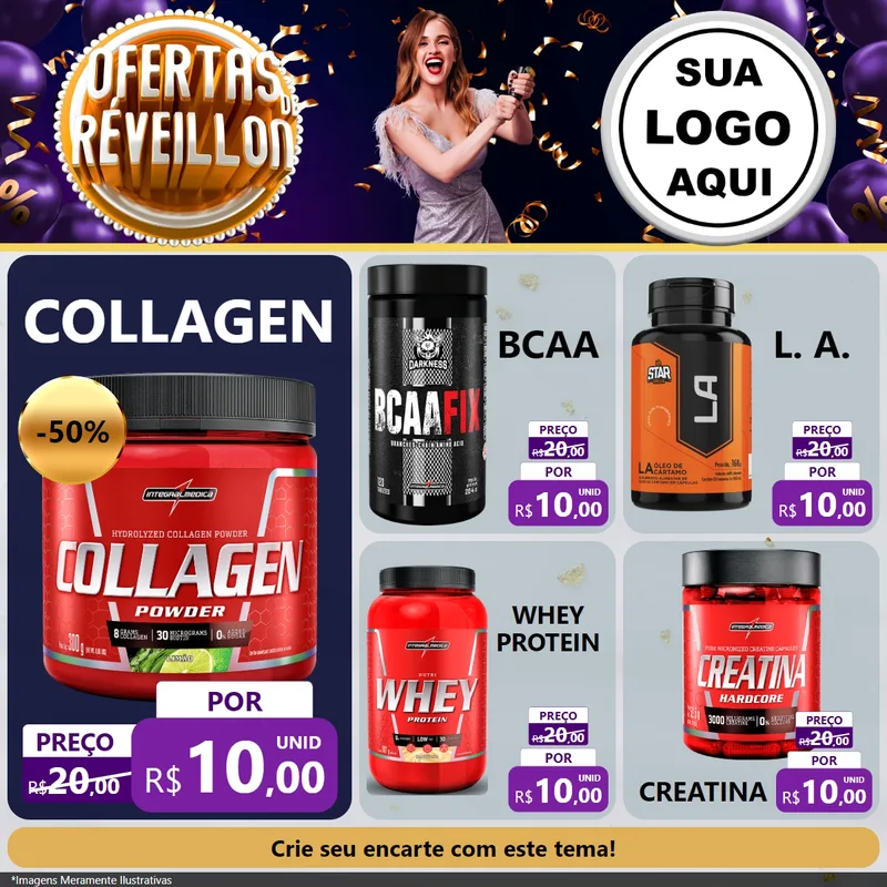 Modelo de Rede Social para Feed Facebook com o tema Ofertas de Réveillon para Suplementos alimentares