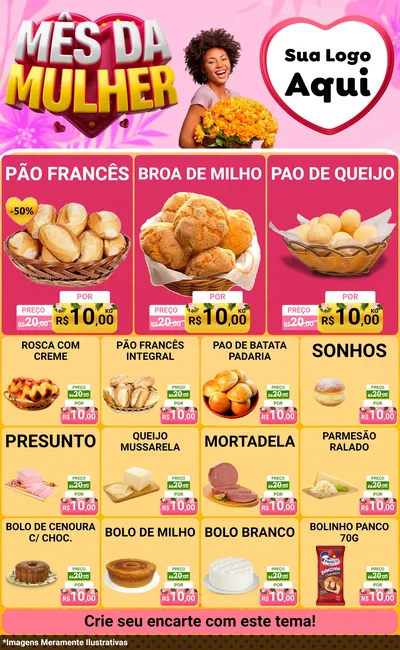 Modelo de Encarte para Encarte Grande com o tema Mês da Mulher para Padaria