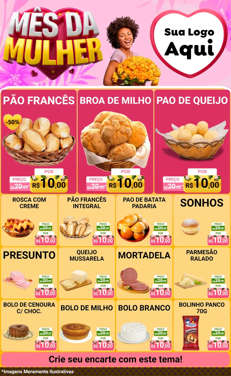 Modelo de Encarte para Encarte Grande com o tema Mês da Mulher para Padaria
