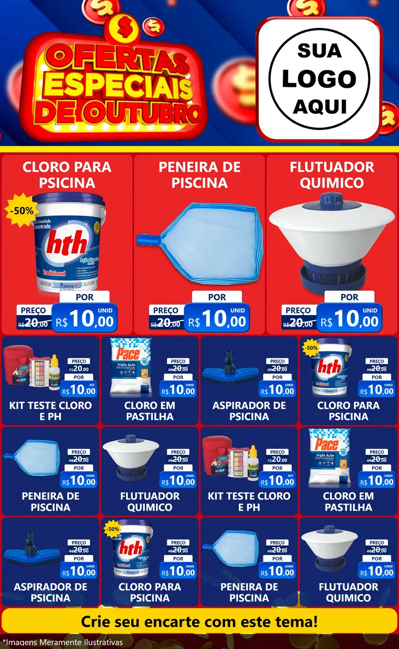 Modelo de Encarte para Encarte Grande com o tema Ofertas Especiais de Outubro para Produtos para Piscina
