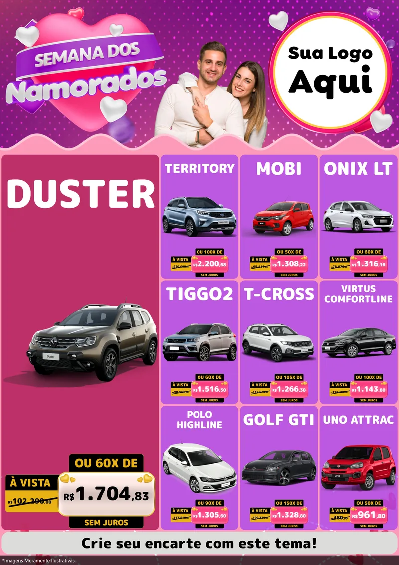 Modelo de Encarte para Encarte A4 Vertical com o tema Semana dos Namorados para Concessionaria de Carros