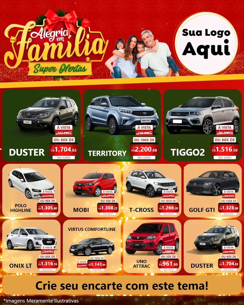 Modelo de Rede Social para Feed Instagram com o tema Alegria em Família Super Ofertas - Natal para Concessionaria de Carros